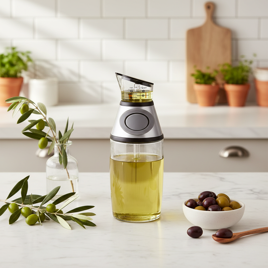 Dispensador de aceite premium sobre mármol con ramas de olivo
